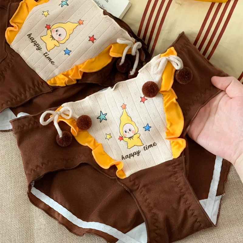 Brown Yellow Pom Pom Cartoon Womens Intimates Panties Underwear Cute Star Ruffle Briefs 2026 New Arrival Sweet Comfy Soft Daily