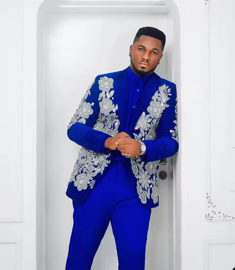 Trajes de boda de encaje con cuentas de color azul real para hombre, 2 piezas de talla grande, chaqueta con un botón y bolsillo, trajes formales personalizados para novio, disfraz para hombre