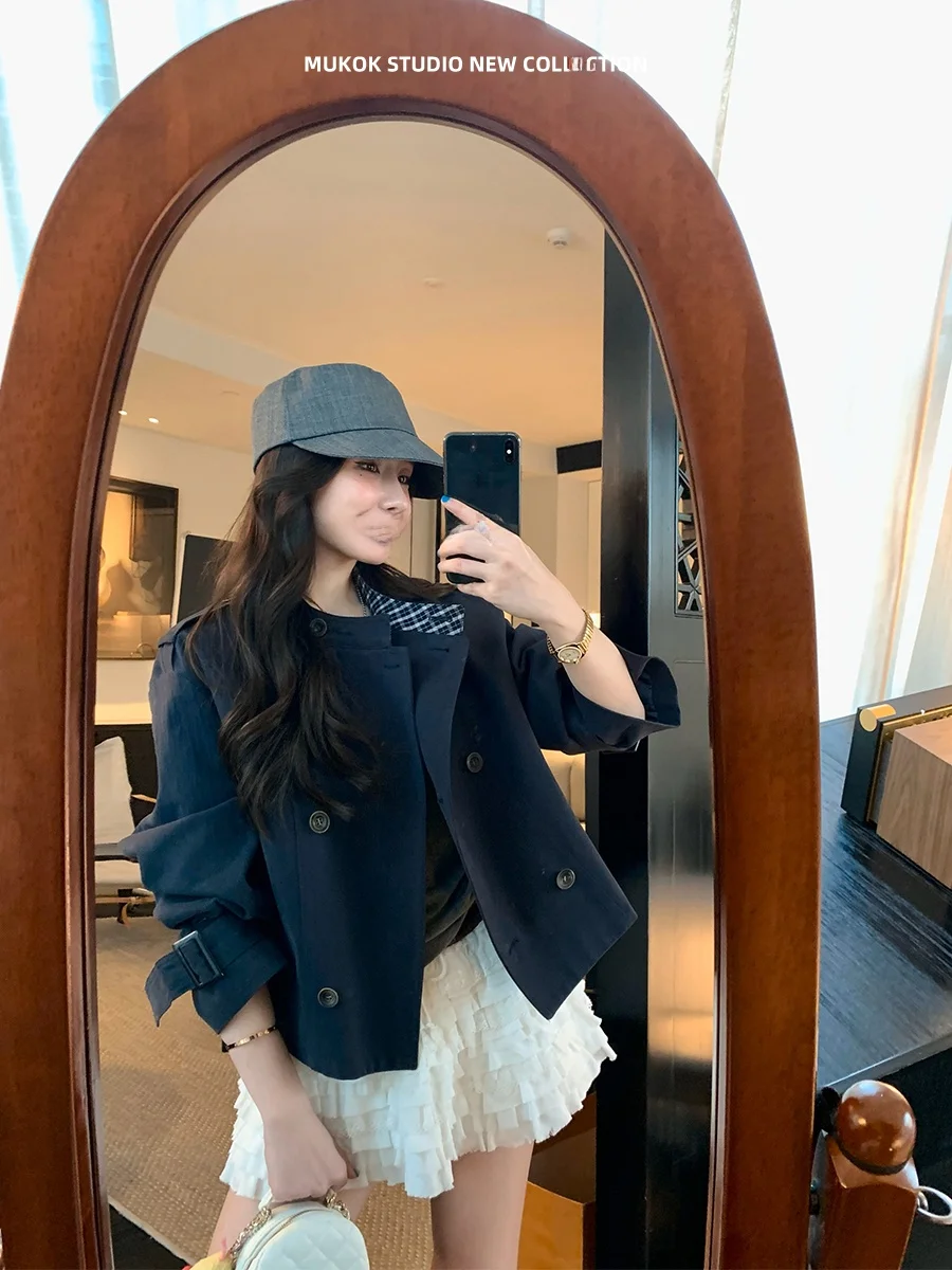

MUKOK Women's Cotton Jacket Double-Row Button Style Casual Stand Collar Short Outerwear Top British Style Commute Windbreaker