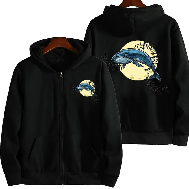 Halloween Whale dikelilingi oleh kelelawar cetak wanita bulu domba Zip Up hoodie Sweatshirt olahraga mode wanita kasual jaket ritsleting