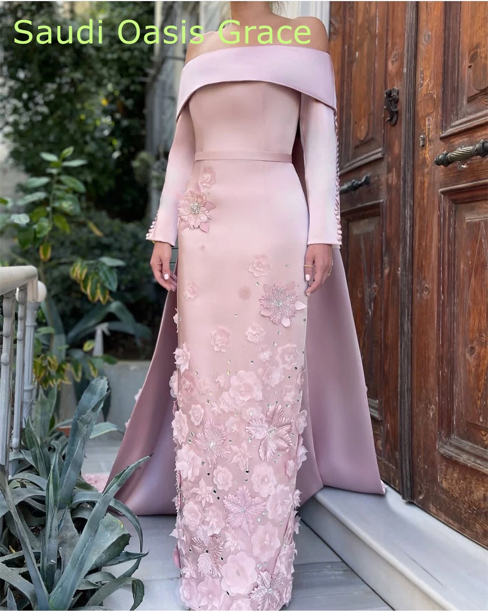 Abito da sera elegante in raso rosa personalizzato moderno scollo a barca con spalle scoperte maniche lunghe abito da festa abiti da celebrità di moda