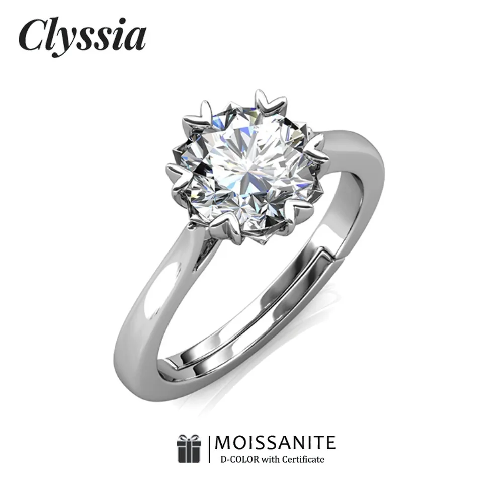 

CLYSSIA Round Cut Moissanite Ring 1ct D Color VVS1 Anniversary Engagement Wedding Gift for Bride Memorial Collection Jewelry
