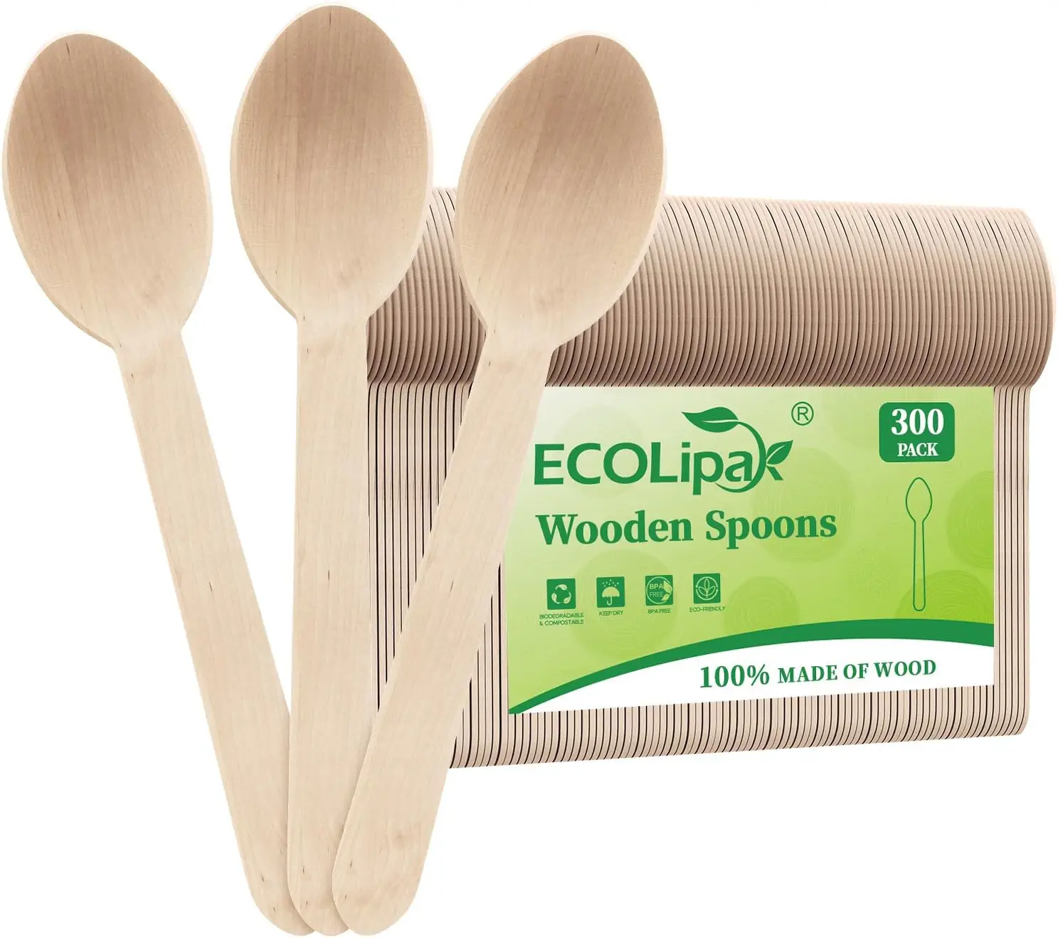 

300 Count Compostable Wooden Spoons for Party, Camping, Traveling, Family Dinners - Eco-Friendly Disposable Utensils
