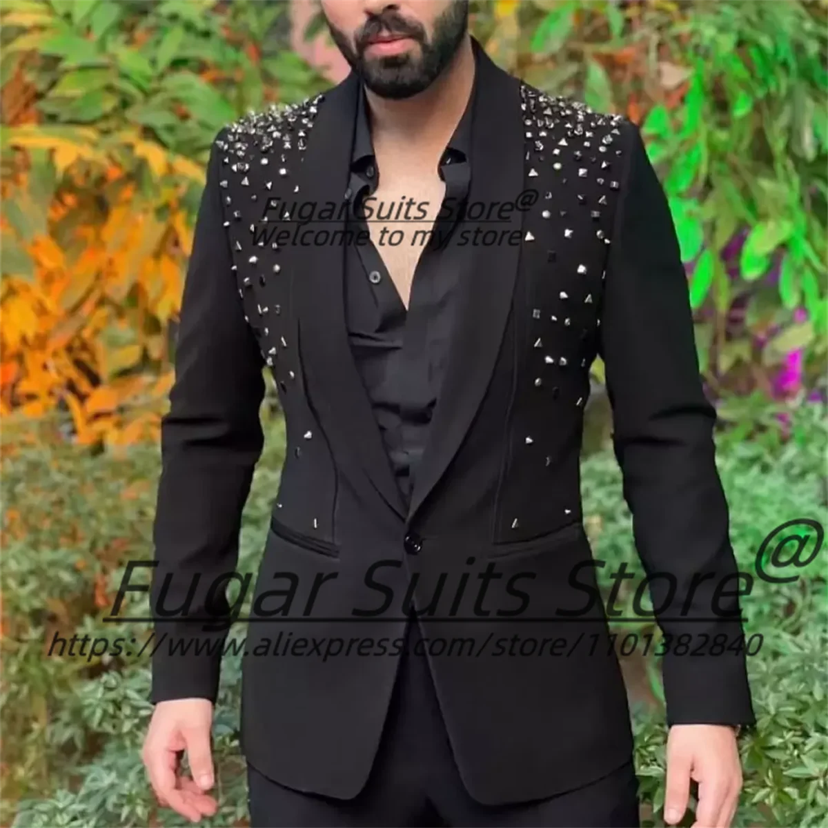 

Luxuly Shiny Beading Men Suits Customized Slim Fit Shawl Lapel Groom Wedding Tuxedos 2 Pieces Sets Male Prom Blazers Ropa Hombre