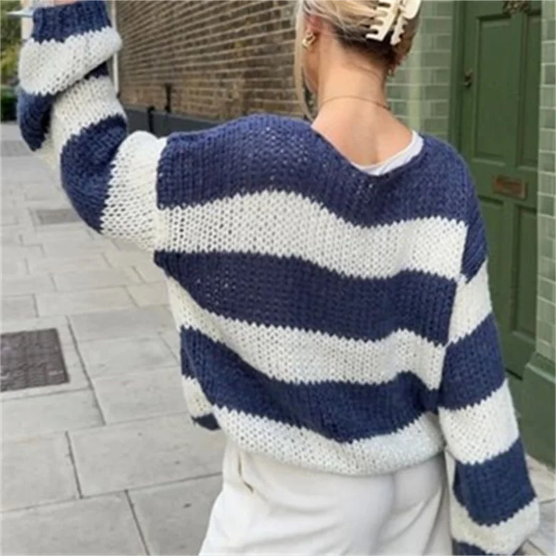 Y2k Crochet Knit Stripe Jumper Women White and Blue Sweater Loose O Neck Long Sleeve Pullover Tops 2024 Autumn Winter Streetwear