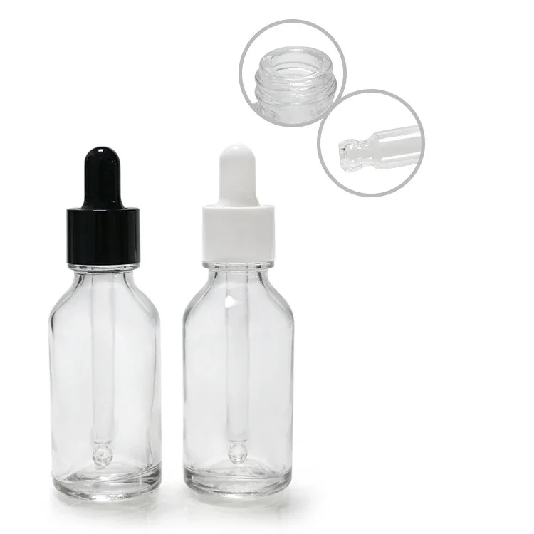 5/10/15/20/30/50/100ml Portable Clear Essential Oil Bottle with Rubber Head Dropper Lid White Plastic Cover Glass Containers