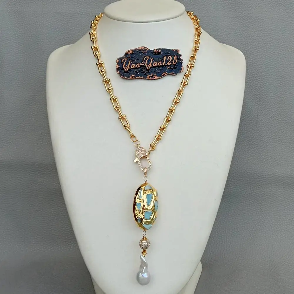 Gold color Plated Chain statement Necklace natural Blue Larimar Freshwater White Keshi Pearl Pendant necklace for women