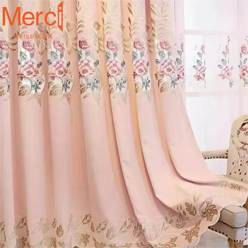 

Pink Flower Flower Clusters Chenille Embroidered Clusters European Style Curtains Living Room Bedroom Curtain Head Villa Home