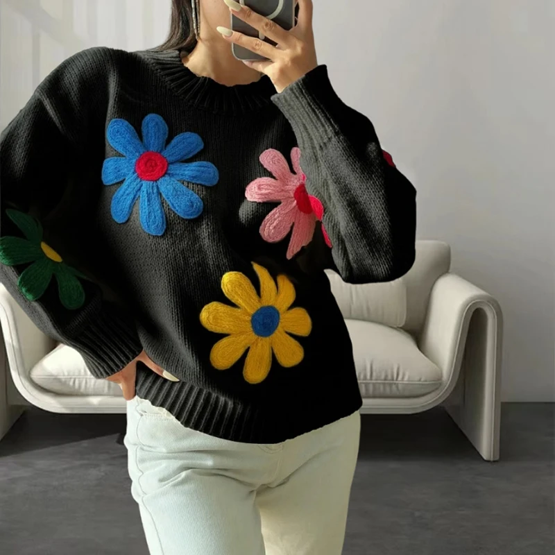 Long Sleeved Outwear Warm Loose Jumper Streetwear Women\'s Knit Casual Sweaters Flowers Decorative Top Pullovers Knitwear