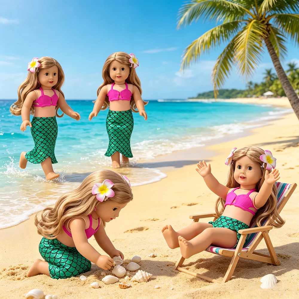 18 inch doll Girl Mermaid Swimsuit Set, doll Swimsuit Three Piece Set, doll Beach Swimsuit, Photography Costume Props, doll Acce