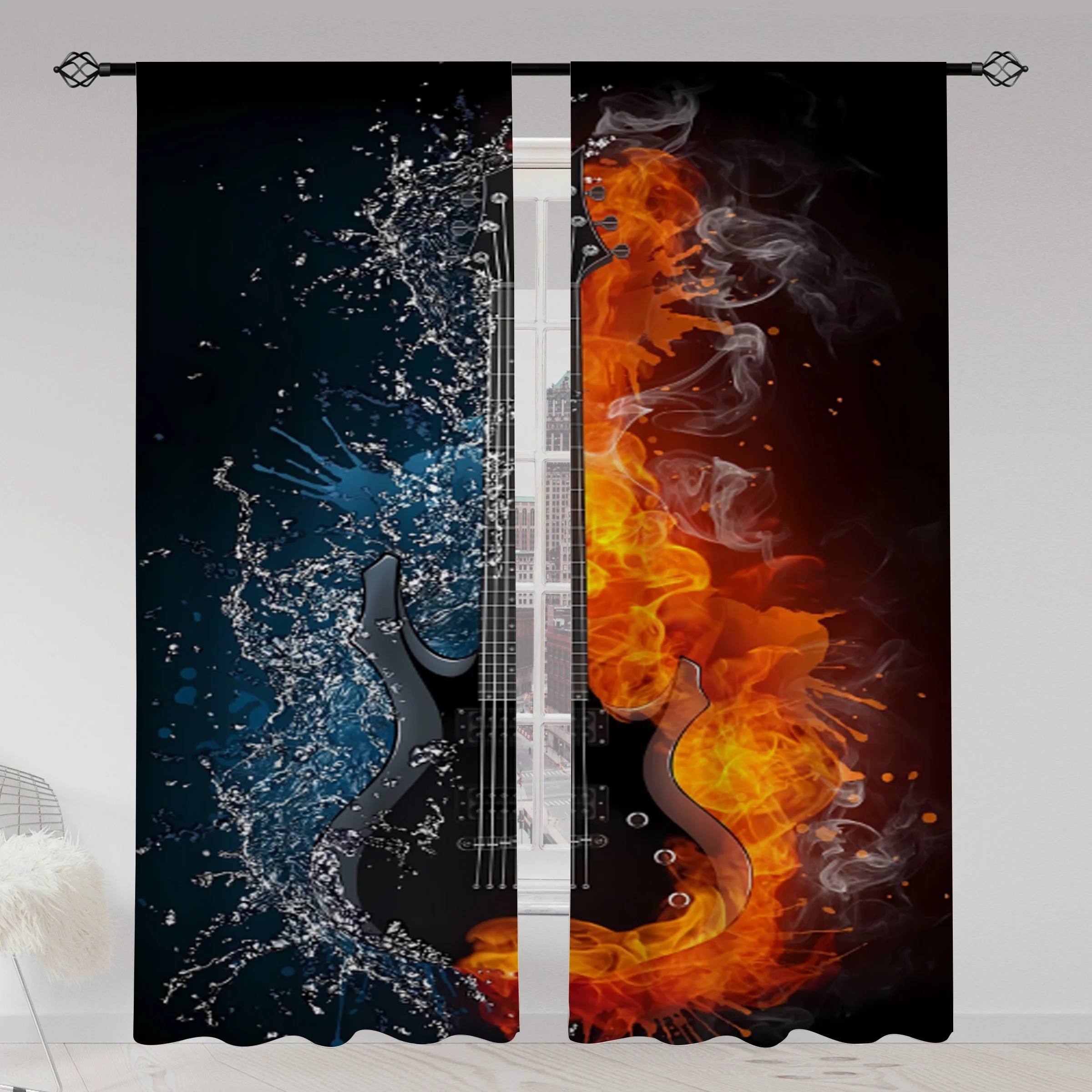 Dramatic Guitar Rock Concert Theme Window Curtain Blue Fire Splash Artistic Music Background Home Decor Tapestry Window Drapes