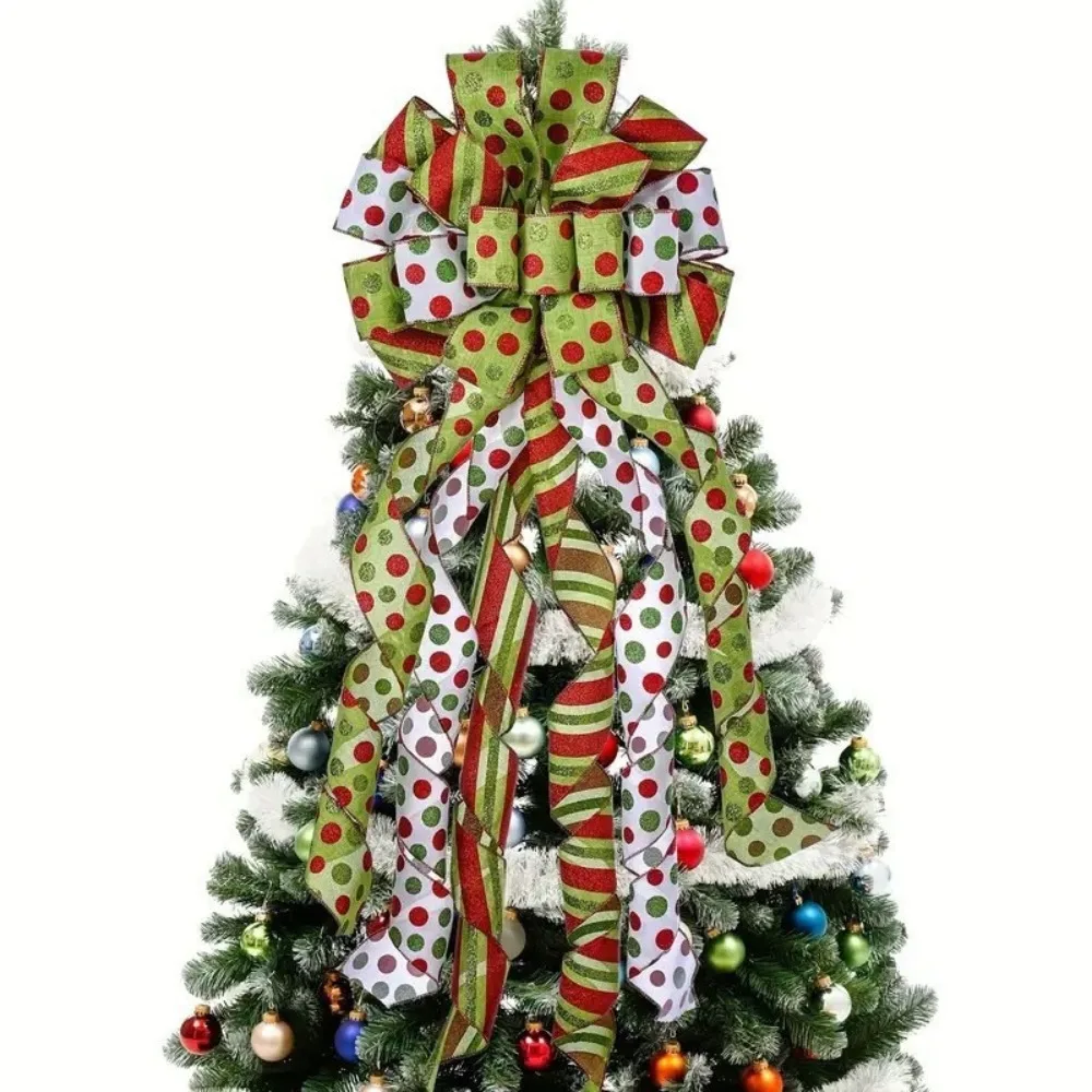 

Red Green Polka Dot Christmas Bow Ribbon Tree Topper DIY Hanging Linen Bowknot Decorations Large Green Bow