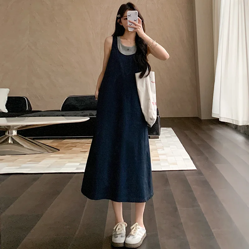 

Maternity Dress Summer Blue Fake Two Piece Sleeveless Dress Minimalist Versatile for Pregnant Women 2026 Casual Loose