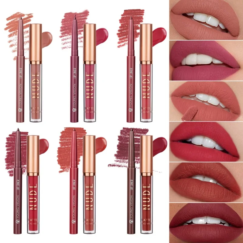 2Pcs 매트 오래 지속되는 컬러 립 라이너 세트 방수 땀 방지 스틱 컵 립 글로스 회전식 립 라이너 및 립 글로스 세트