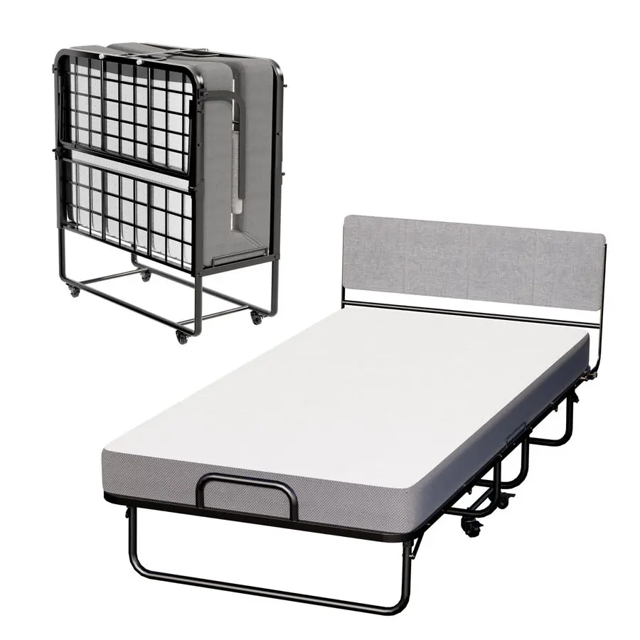 Bed with Mattress for Adults, Twin Size 7539 Rollaway Bed, Upholstered Headboard, Foldable amp Portable Guest Bed, Hideaway Spa