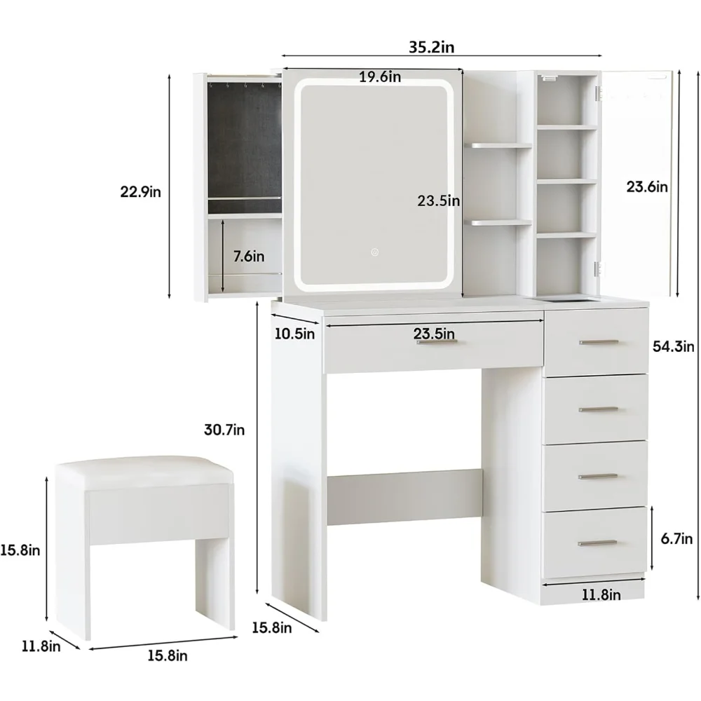 

White Vanity Desk with Mirror and Lights,Makeup Vanity Table Set with Power Strip and Sliding Locker