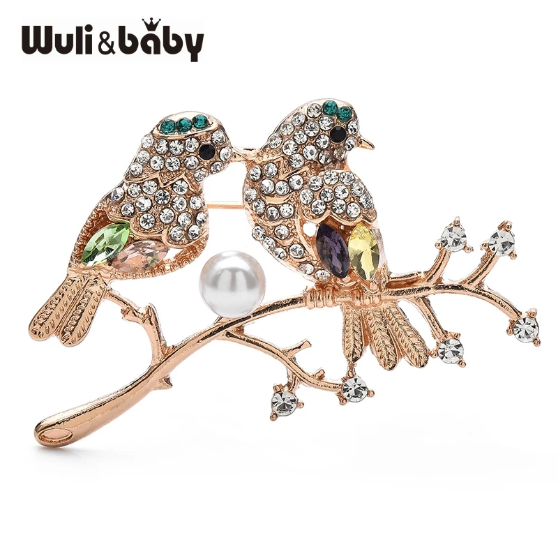 

Wuli&baby Crystal Couple Birds Bullfinch Brooch Pearl Pyrrhula Pin Elegant Women Jewelry Badge For Suit Sweater and Dress