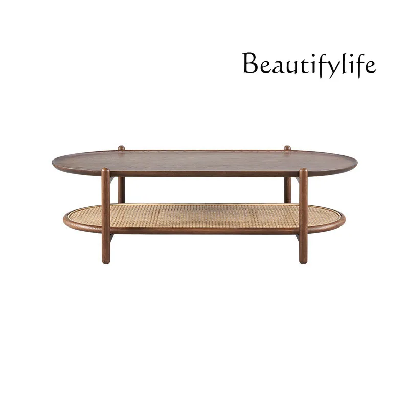 

Nordic solid wood long round coffee table simple rattan art design baffle storage Nordic home living room coffee table table