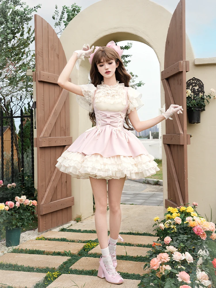Original Retro Elegant Woman's Dress Set Summer New 2025 Sweet Girl's Pink SK Long Suspender Fishtail Dress Lolita Shirt Set