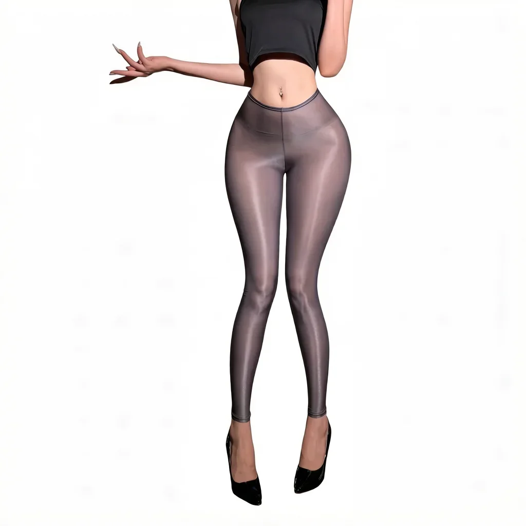 Fashion Women Thin Pants Sheer See Through Oil Shiny Leggings Pencil Pants Elastic Smooth Shaping Slim Ninth Pants Maid Tights