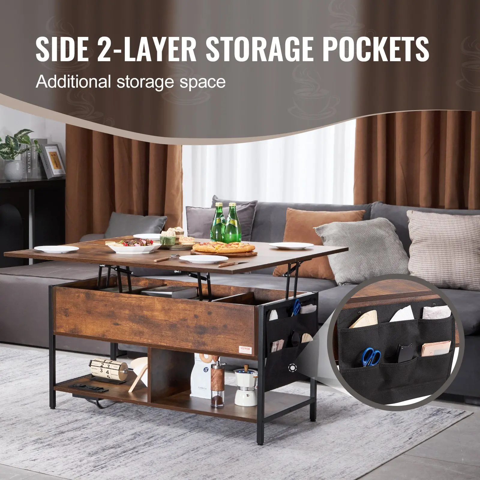 Mesa de centro elevable Mesa de centro rectangular de 39,4" con luz y USB Marrón