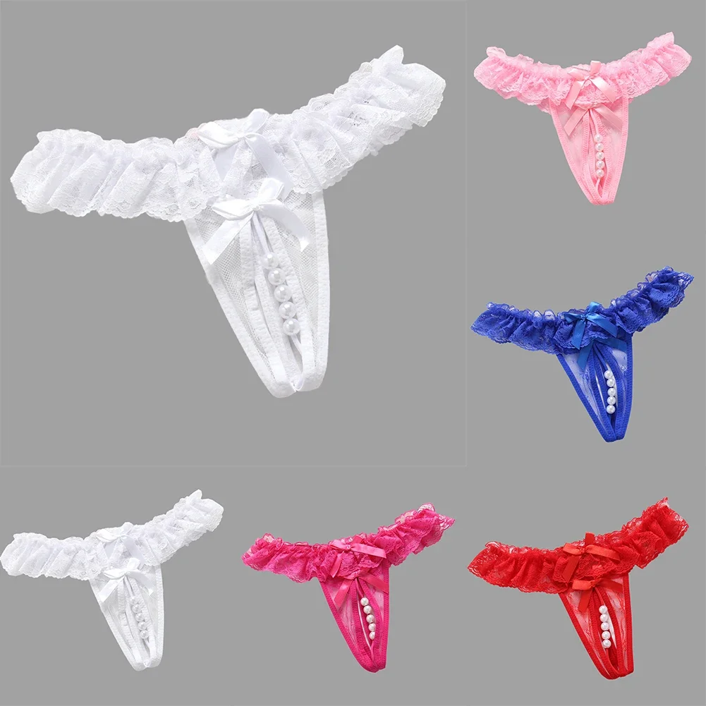 Lace Panties Women Sexy  Low-waist Crotchless Transparent Sheer Pearl T-Back  Underwear G-String Pants Hot Girls Exotic Panties