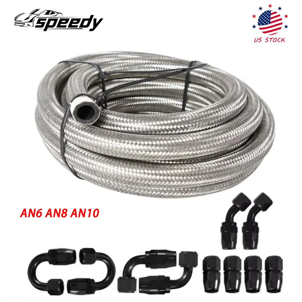

AN6 AN8 AN10 16FT Braided Fuel Oil Gas Hose Line 10pcs Fittings Kit Stainless Steel