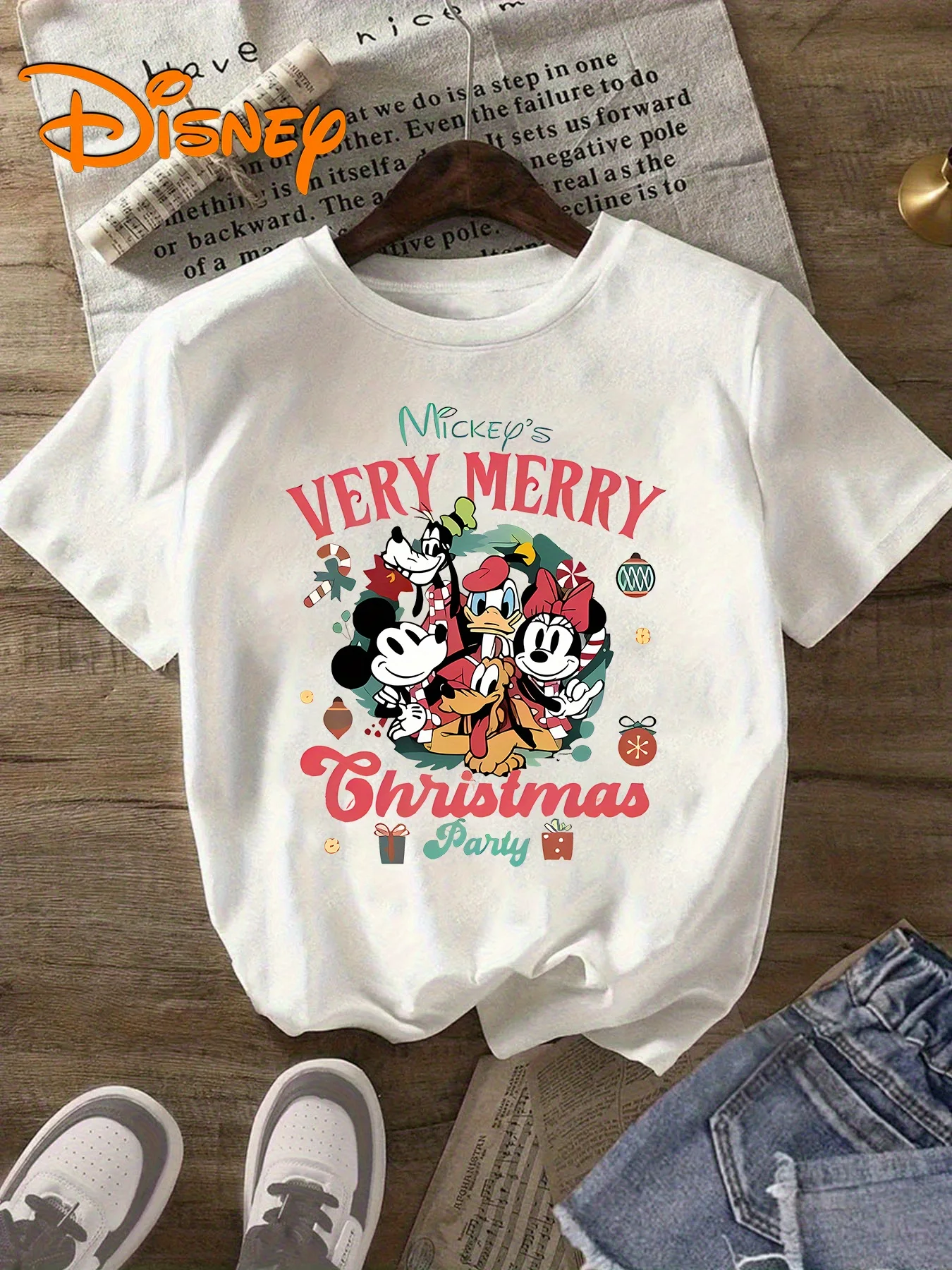 

Футболка с рисунком Микки с Рождественской вечеринки - Санта-Клаус Снежная леди, повседневная футболка с коротким рукавом и круглым вырезом