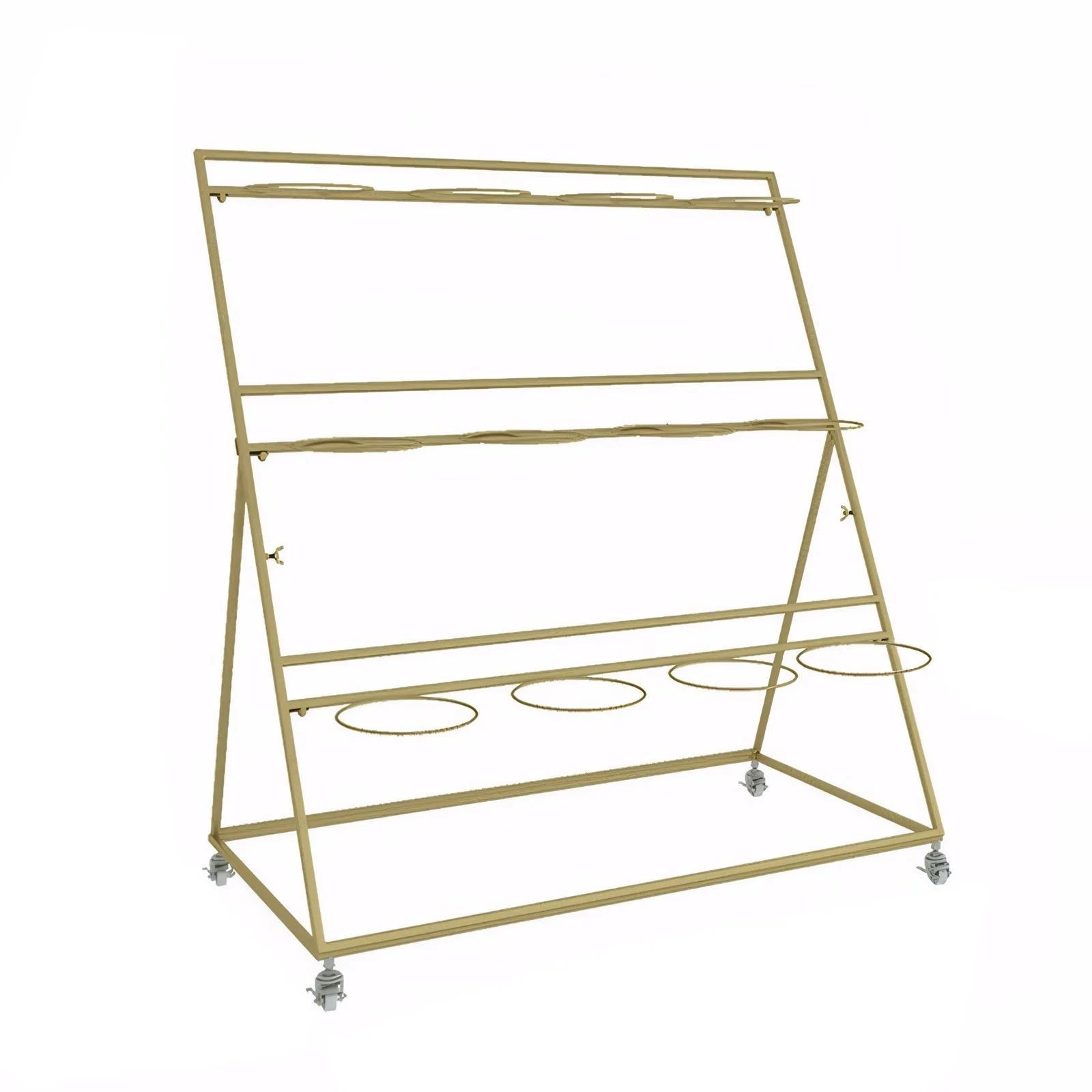 Flower Display Stand 3 Tier Metal Florist Shelf with Wheels and Foot Brake Golden Frame Metal Shelf Plant Stand for Patio Garden