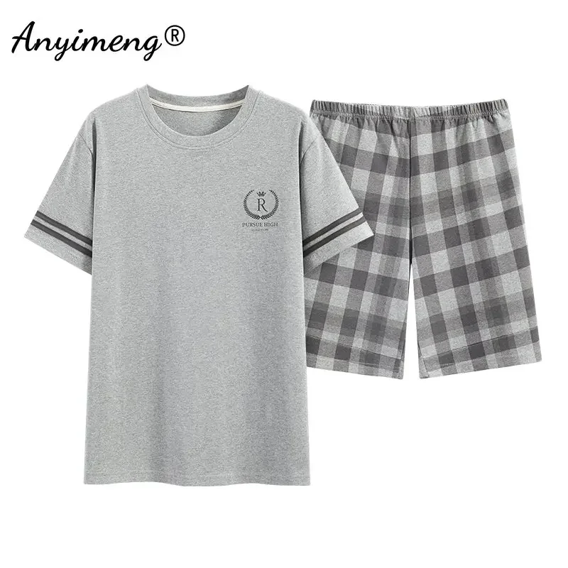 Homesuit-Conjunto de pijama de algodón para hombre, pantalones cortos a cuadros elegantes, ropa de dormir de ocio, jersey de verano, L-5XL