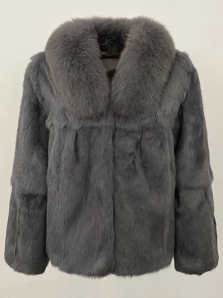 2025년 신상 여성 천연 토끼털 코트 두꺼운 따뜻한 상의 여성 패션 플러피 리얼 폭스 퍼 칼라 재킷