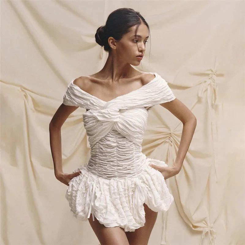 

Off The Shoulder Backless Women Prom Dress Pleated Waisted Short Mini White Slim-Fitting Evening Gown New Arrival 2025 In Stock
