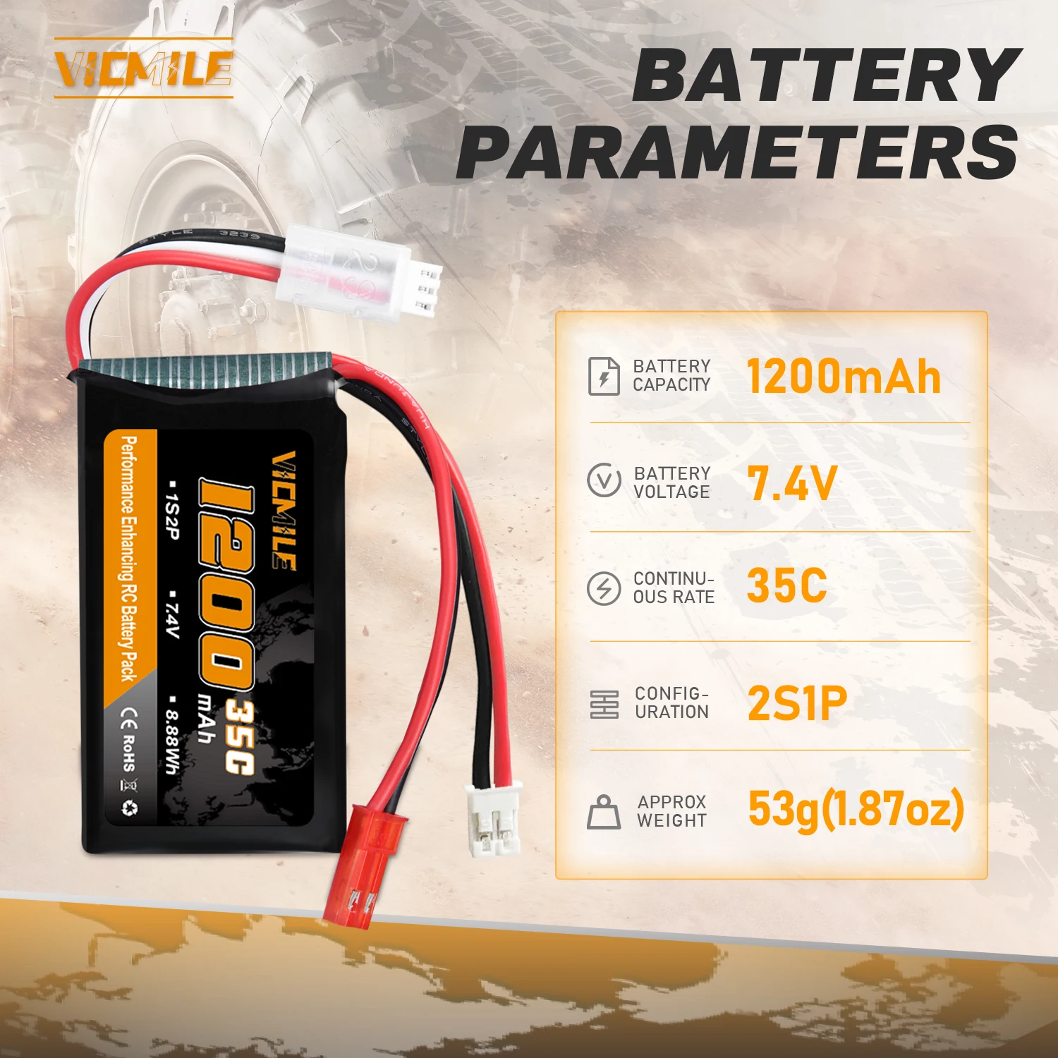 VICMILE SCX24 Battery 7.4V 1200mAh Lipo Battery 2S 35C with PH2.0 JST Plug Fit for SCX24 RC Car WLtoys A949 A959 A969 A979 K929