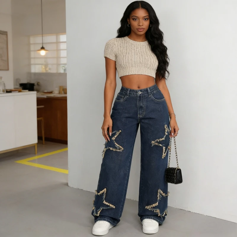 

Straight Jeans Women Pants Patch Pentagram Washed Vintage Denims Trousers Tassels Streetwear Female Floor Length Distressed