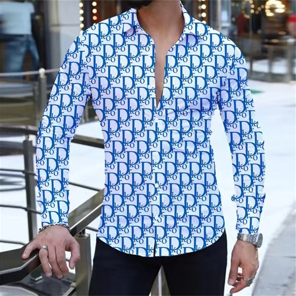 Camisa informal de manga larga para hombre, camisa con estampado 3D de letras, botón de marca, Fiesta en la playa, moda de verano, nueva