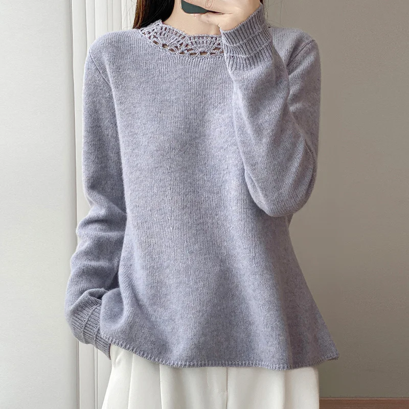 

Pullover sweater for women, 100% wool, 0-neck sweater, fashionable long sleeved knitted, autumn and winter hot selling women's