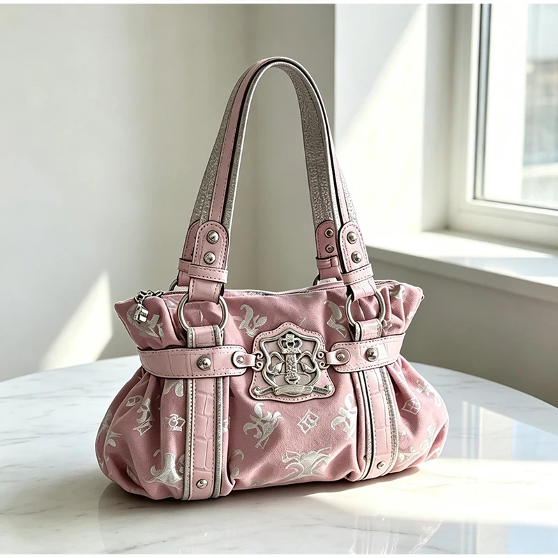 Koreanische Y2K-Style-Schultertasche, süßes, trendiges Design mit rosa Aufdruck, Damen-Tragetasche, Vintage-Nieten-Dekor, leichte, gerüschte Handtasche für den Alltag – Detail 20