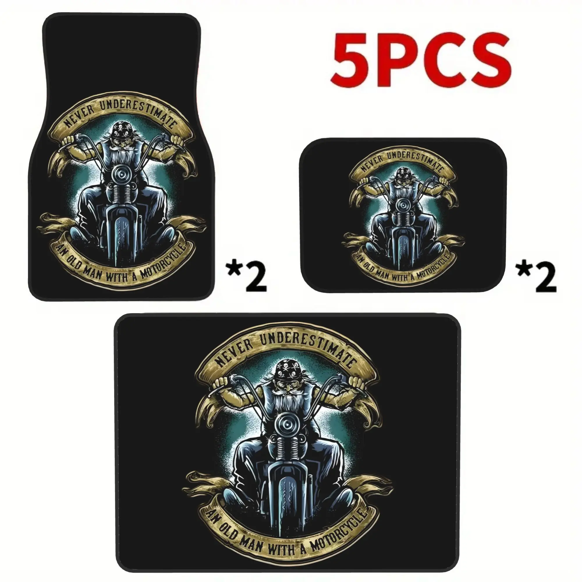 5pcs Never Underestimate An Old For Man With A Motorcycle Universal Car Floor Mats | Trunk Mat 5pcs (4 Floor Mats + 1 Trunk Mat)