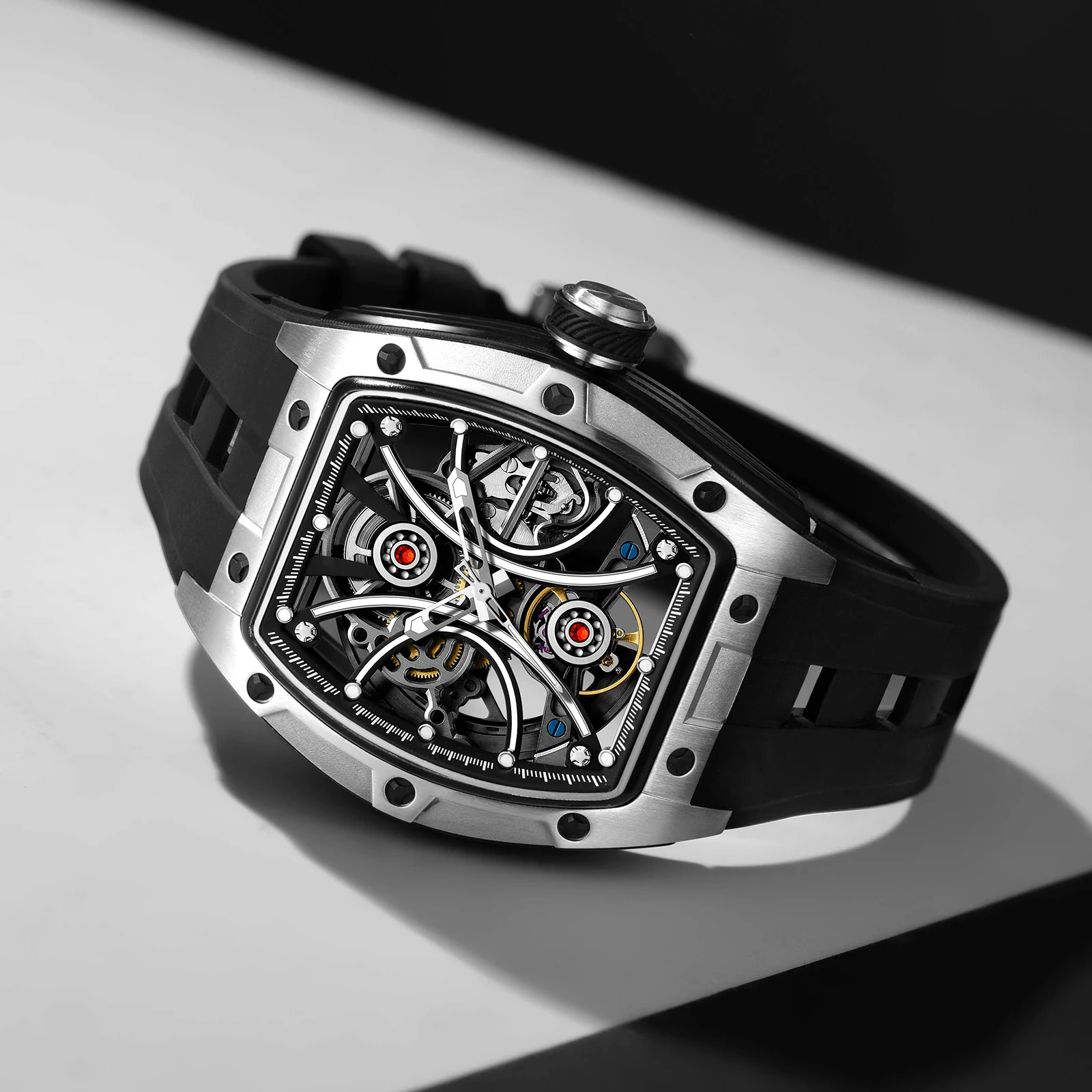 Gorman تصميم جوفاء النقش الأسود الذهبي حالة جلدية الهيكل العظمي ساعات آلية الرجال العلامة التجارية الفاخرة Heren Horloge للرجال #3