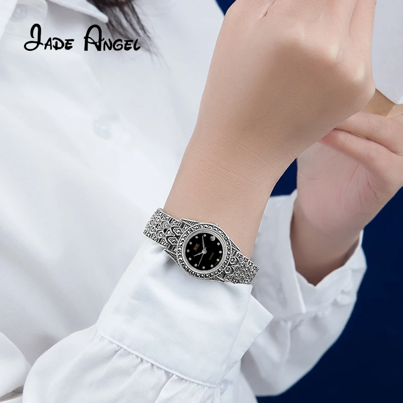 JADE ANGEL 925 Sterling Silver Wrist Watch Elegant Marcasite Bracelet for Women Festival Party Fine Jewelry Anniversary Gift