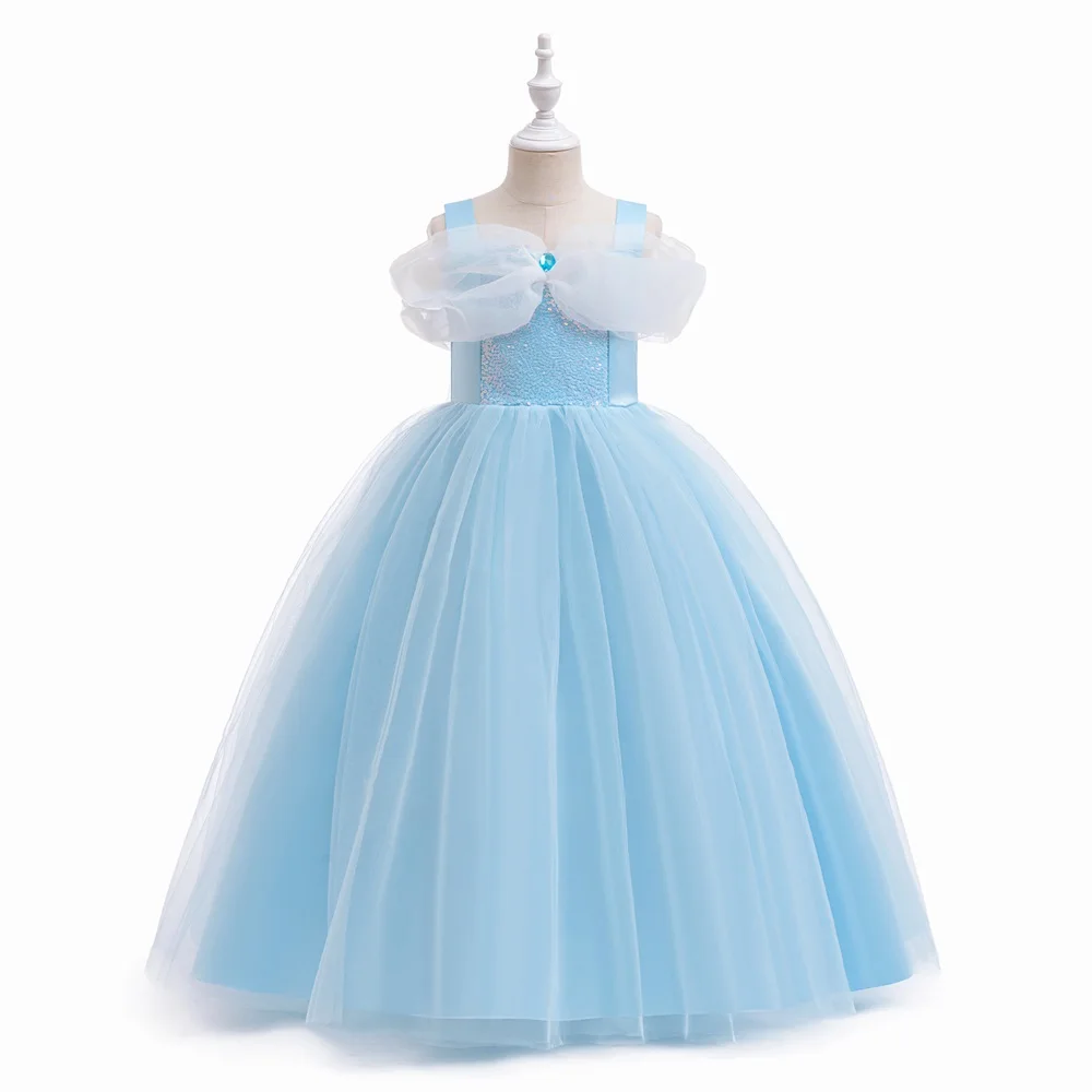 Fancy Girls Cinderella Princess Dress Kids Cosplay Sequin Party Dresses Young Girl Blue Evening Fashion Prom Gown Children Wear