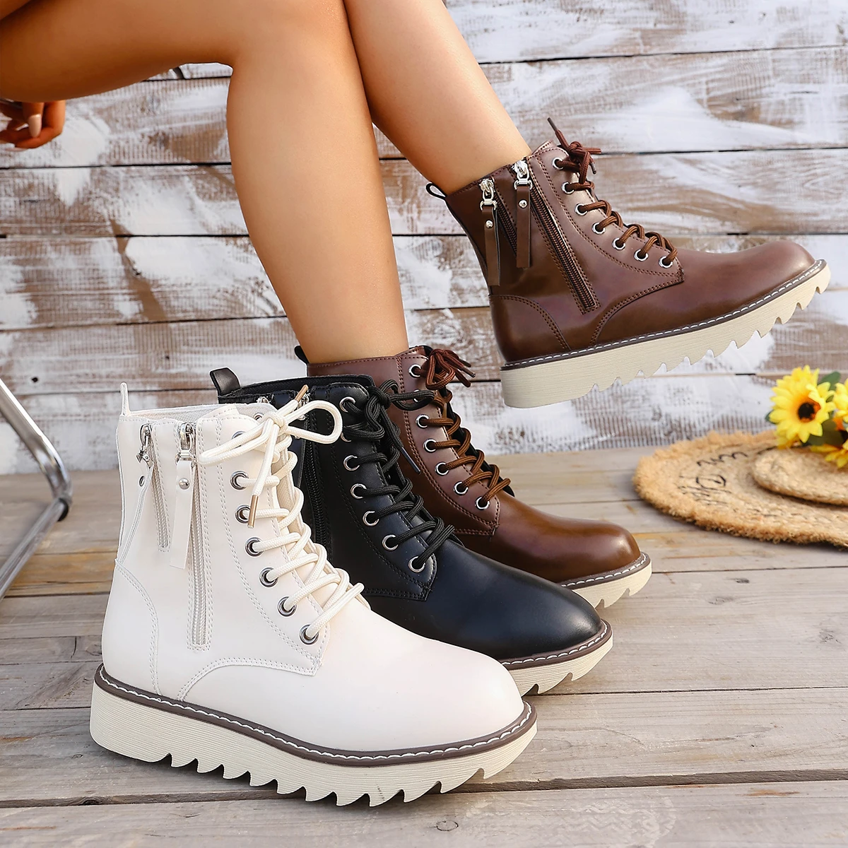 

2026 new women's boots lace up double zipper women's short boots and women's shoes