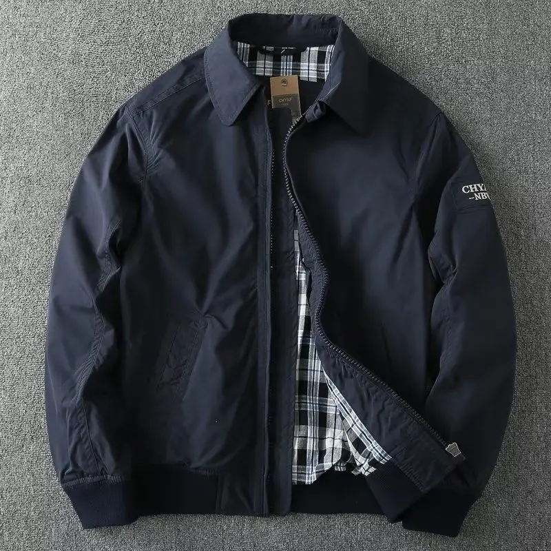 

Men's Retro Spring Autumn Windproof Jaet Busin Casual Loose Double Layer Pure Color Flip Collar Trendy Outerwear