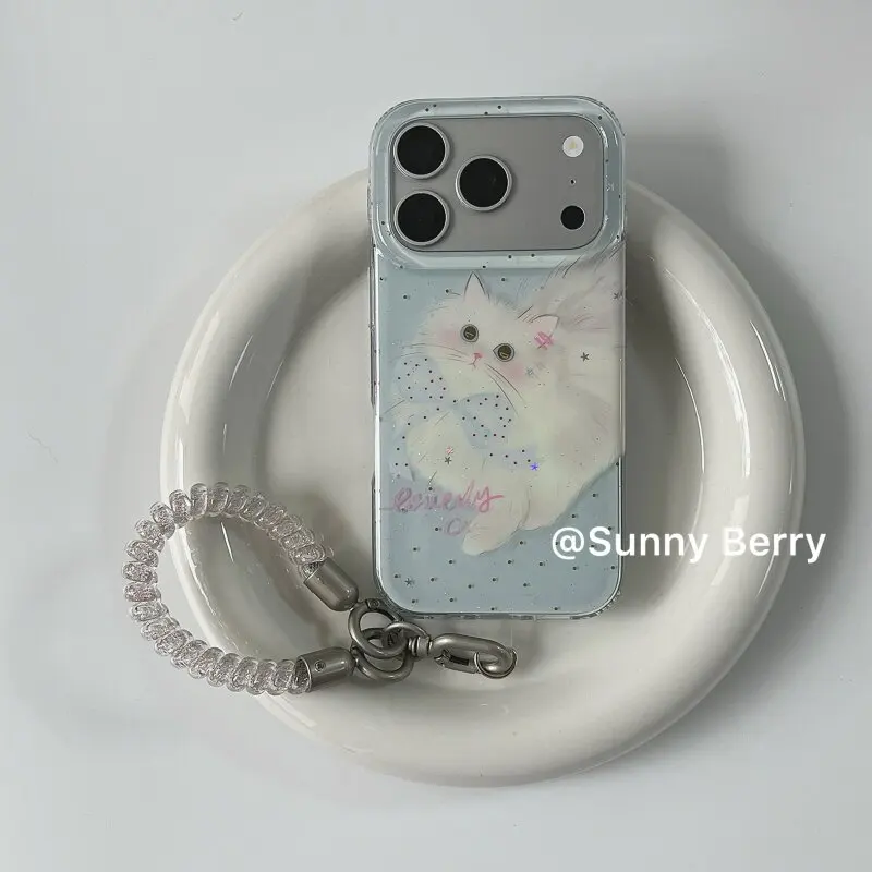 Korean Sweet Girl Cute Bow White Cat Kitten Phone Case For iPhone 17 Air 16 15 14 13 12 11 Pro Max Plus Y2K Cover Ins Advanced