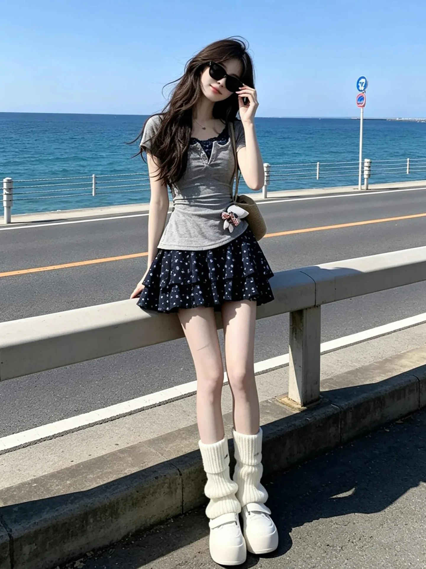 

Delicate Floral Print Two-Piece Set Short Sleeve Top And Skirt Gentle Design Fashionable Casual Wear for Women