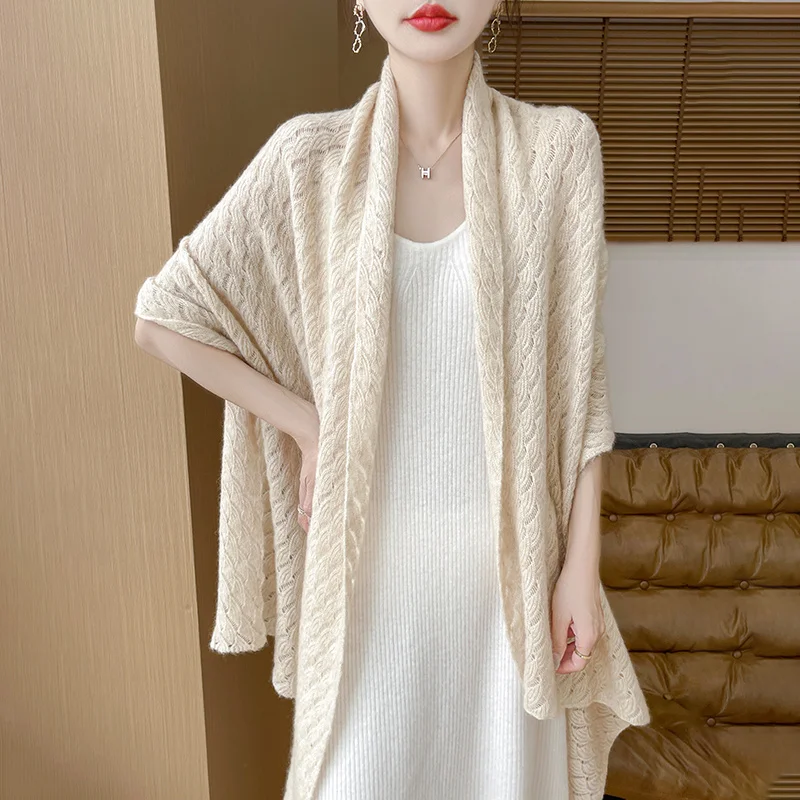 Autumn And Winter New Cashmere Shawl Women's Loose Hollow Sweater Coat Fashion Joker Sweater 100% Wool Scarf