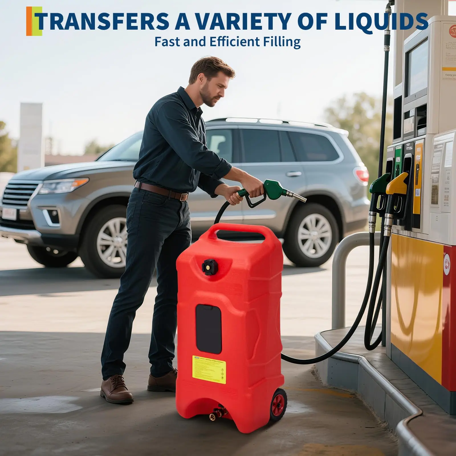 16 Gallon Fuel Caddy on Wheels, Portable Gas & Diesel Storage Tank Container with 10 FT Manual Siphon Pump, Fuel Transfer Can for Car, ATV, Boat, Tractor, Snow Blower, Generator, Weeder