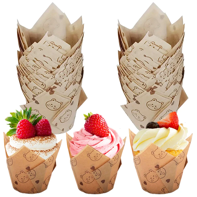 

50 шт., 100 шт., бумажные стаканчики для торта «Медведь-тюльпан», маслостойкие стаканчики для выпечки, принадлежности для выпечки на день рождения, свадьбу, праздник, вечеринку