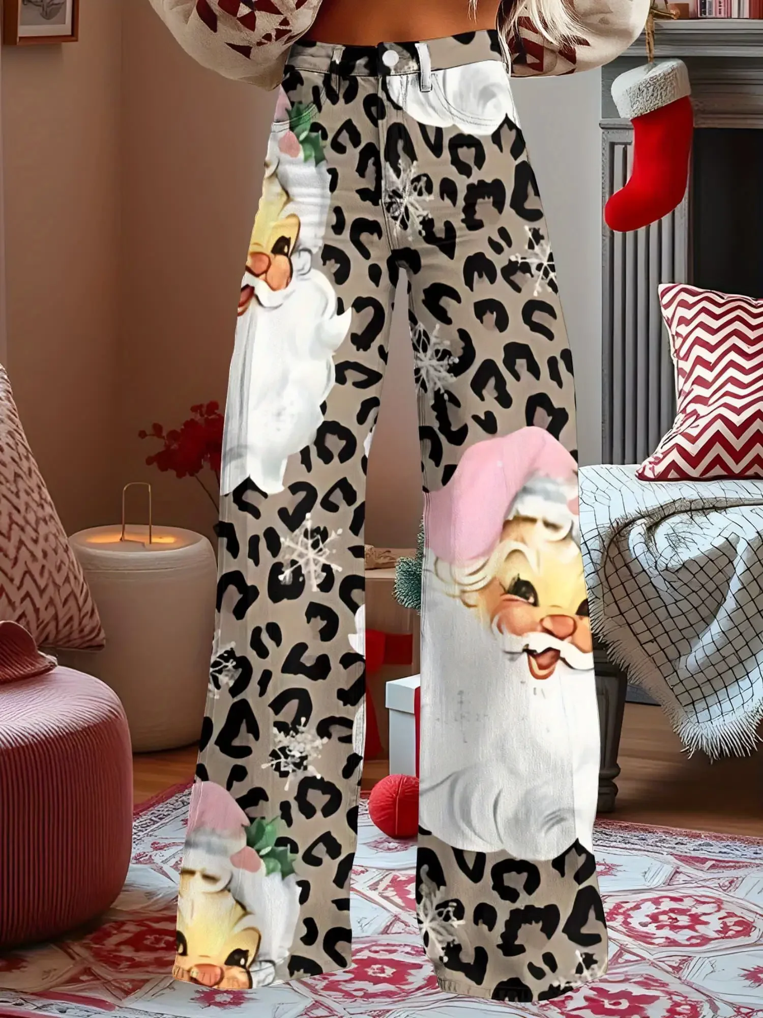 2026 New Christmas Women's Denim Jeans - Casual, Fashionable, Comfortable, Full printed Christmas element patterns