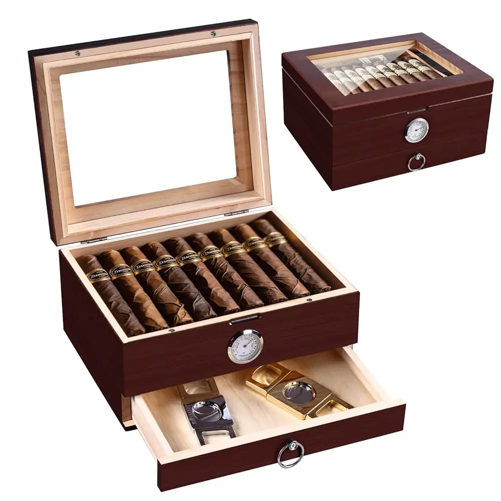 

Cedar Wood Humidor Cigar Box with Hygrometer,Small Cigar Humidor Box,Transparent Top Desktop Humidors for Cigars,Magnetic Sea